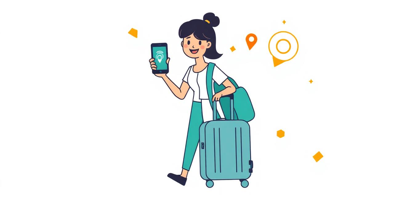 Traveller with suitcase holding a smartphone showing an eSIM signal
