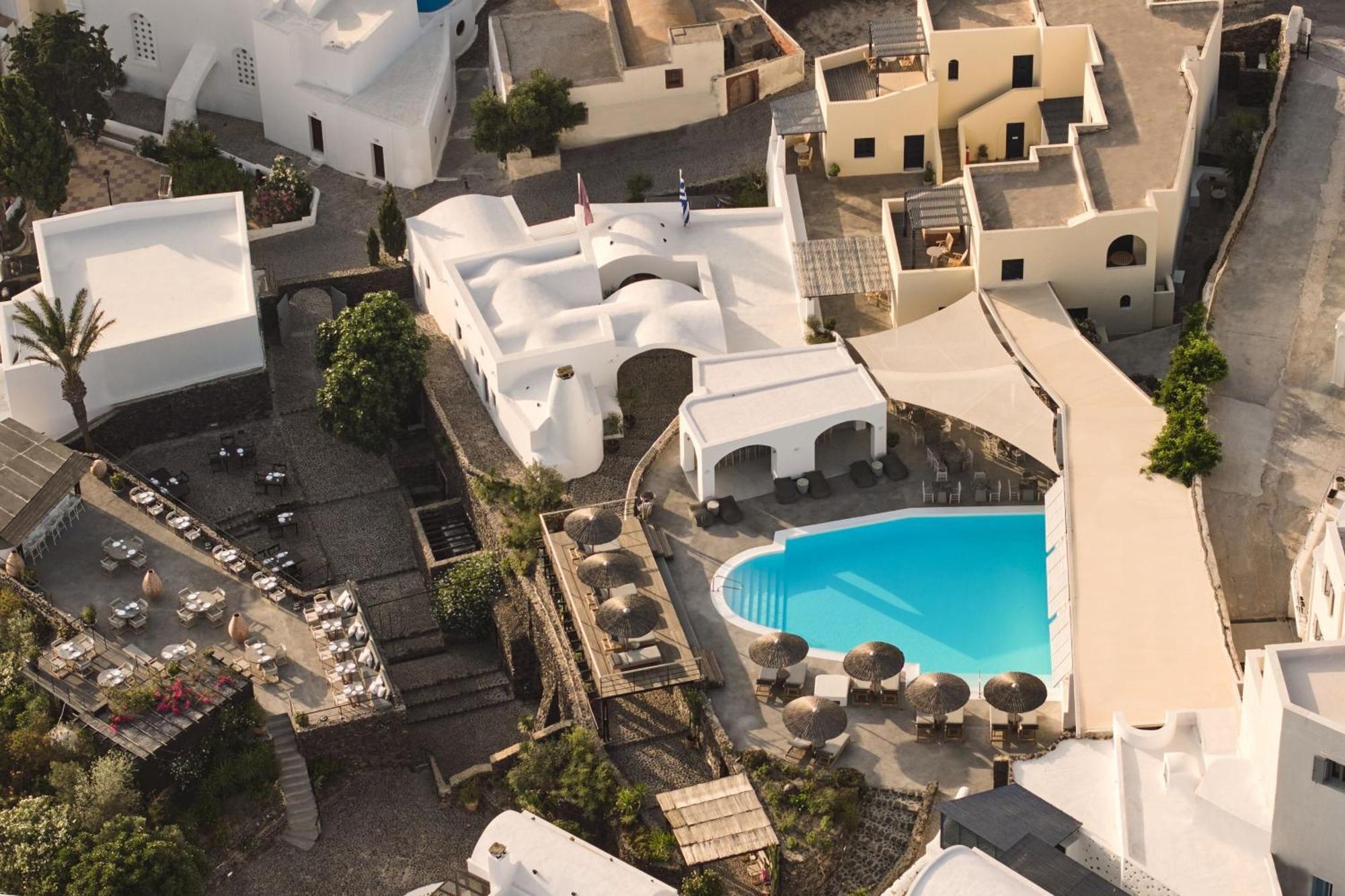 Vedema Resort courtyard in the wine village of Megalochori, Santorini
