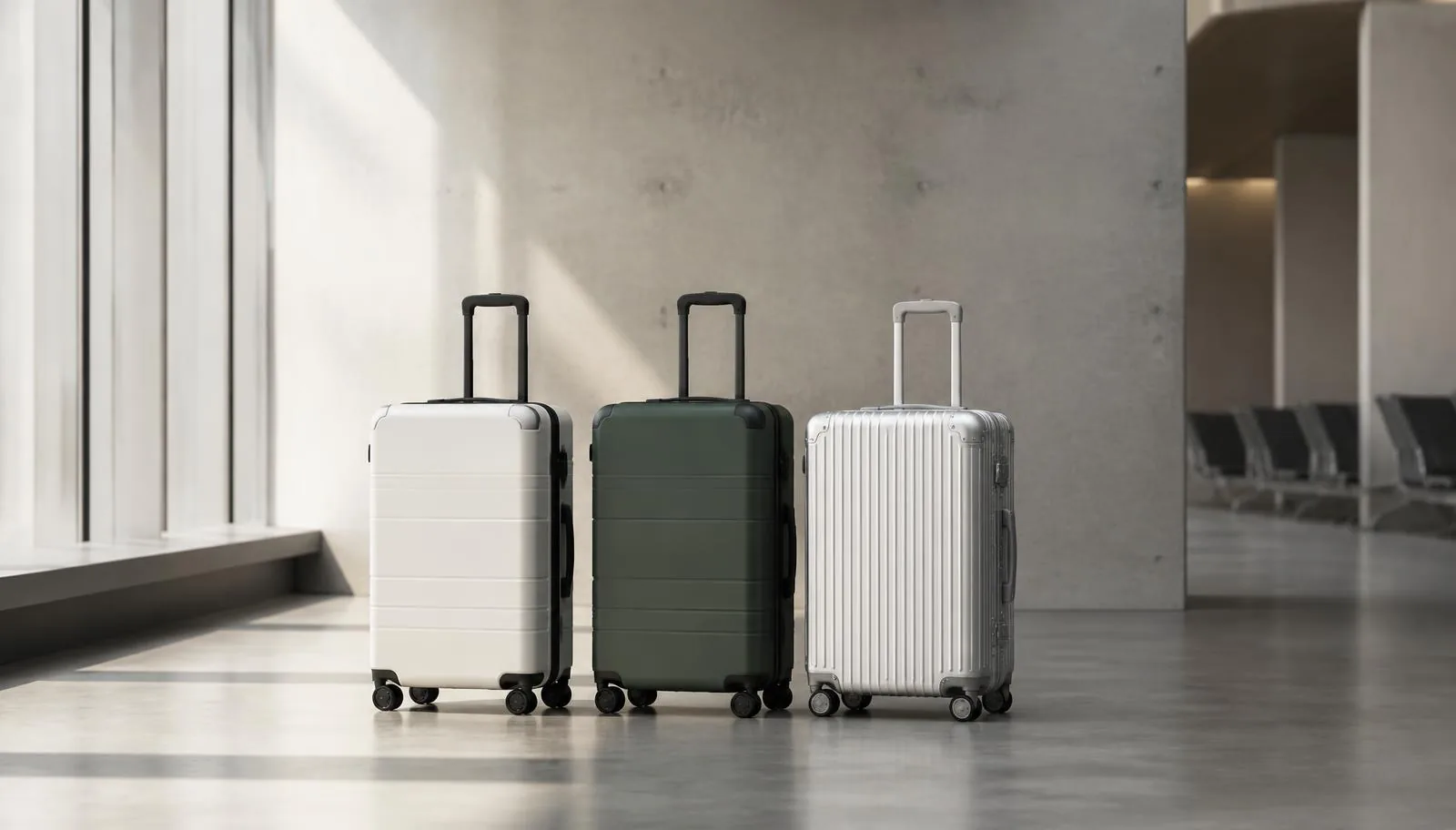 Monos, Away and RIMOWA luxury luggage compared in an airport lounge in 2026