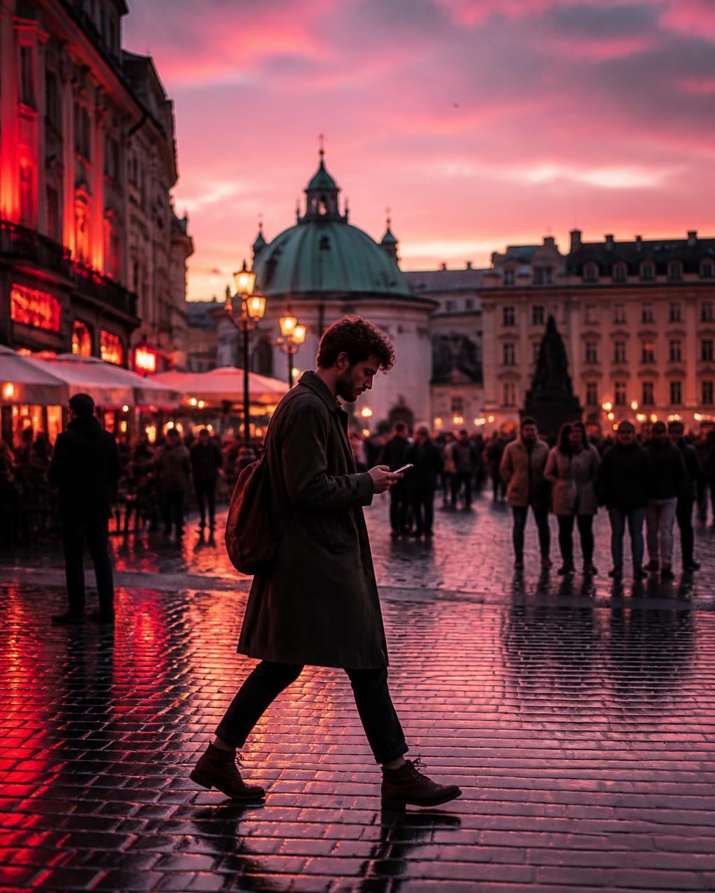 A traveller crossing a European city square at dusk while looking at a phone