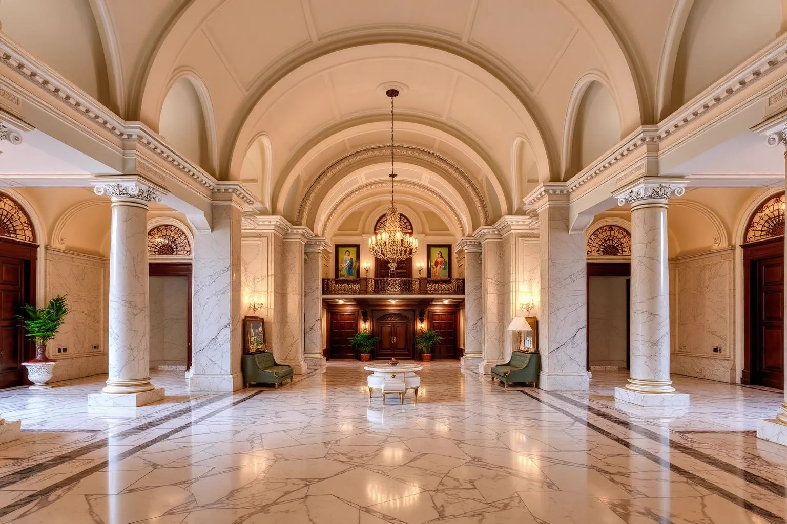 Grand marble lobby with vaulted ceilings inside a historic Lisbon palace hotel