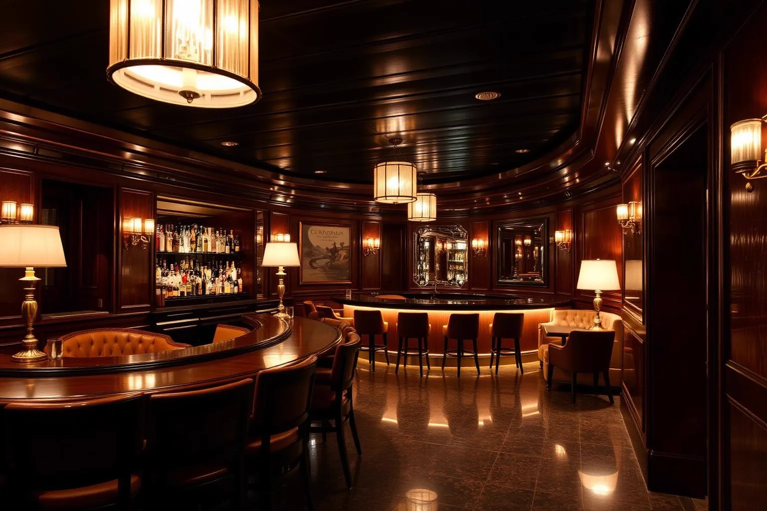 Art deco hotel bar with curved wood panelling and period lamps in Lisbon