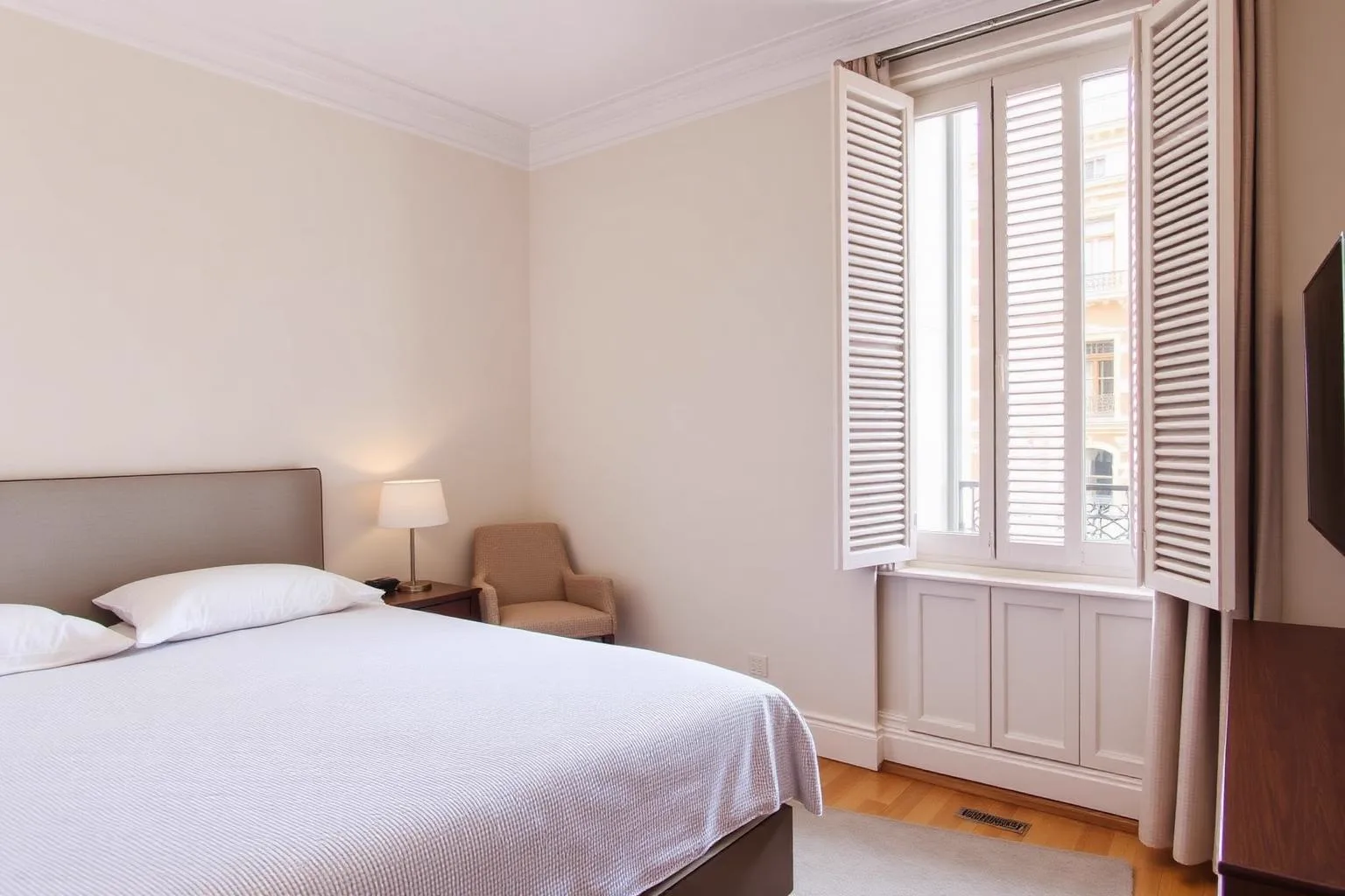 Calm contemporary hotel room with tall shuttered windows near Cais do Sodre in Lisbon
