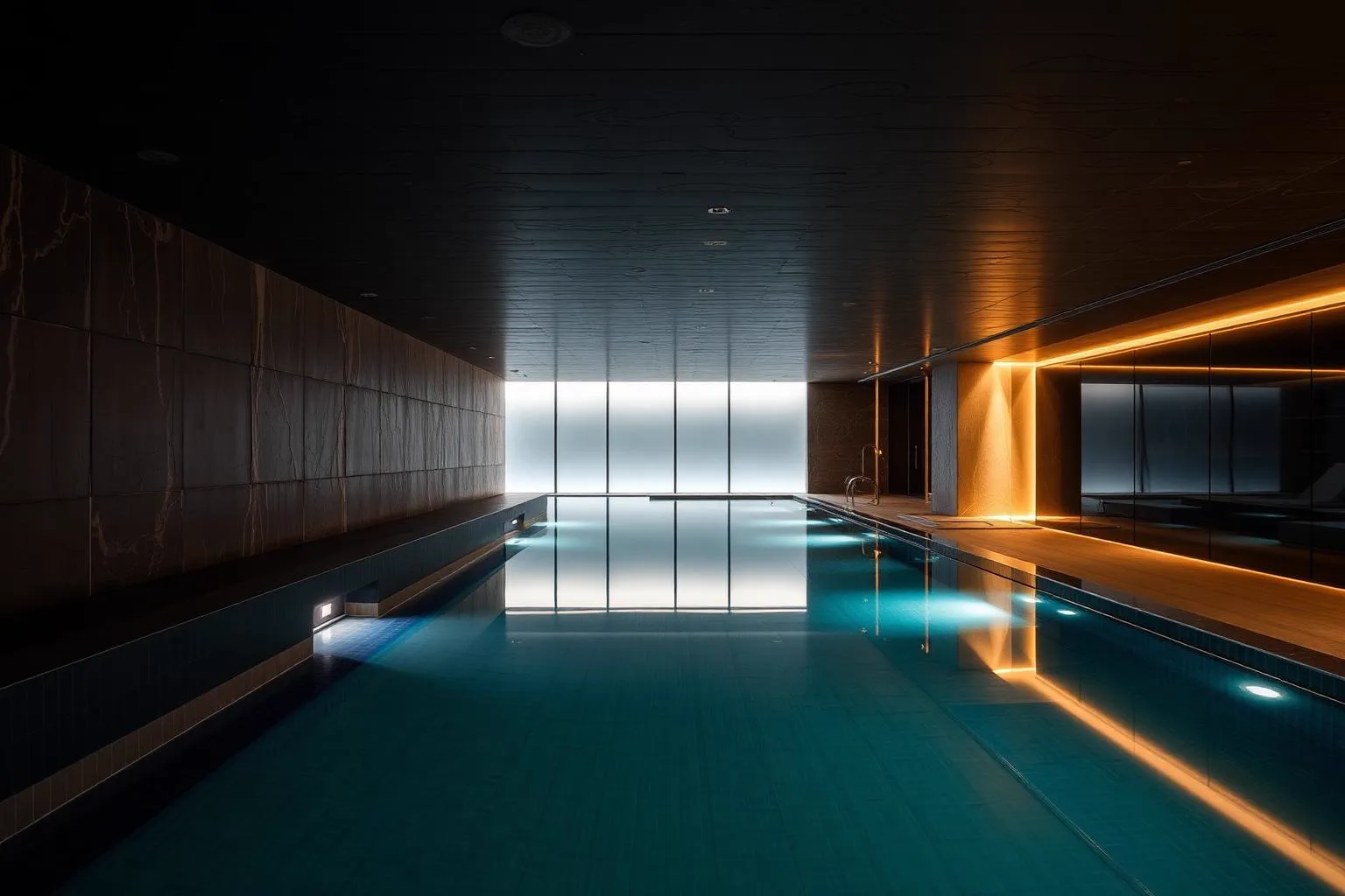 Contemporary hotel spa with a dimly lit indoor swimming pool and dark stone walls