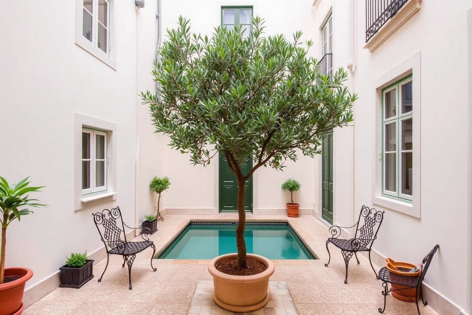 Townhouse hotel courtyard with a small pool and an olive tree in central Lisbon