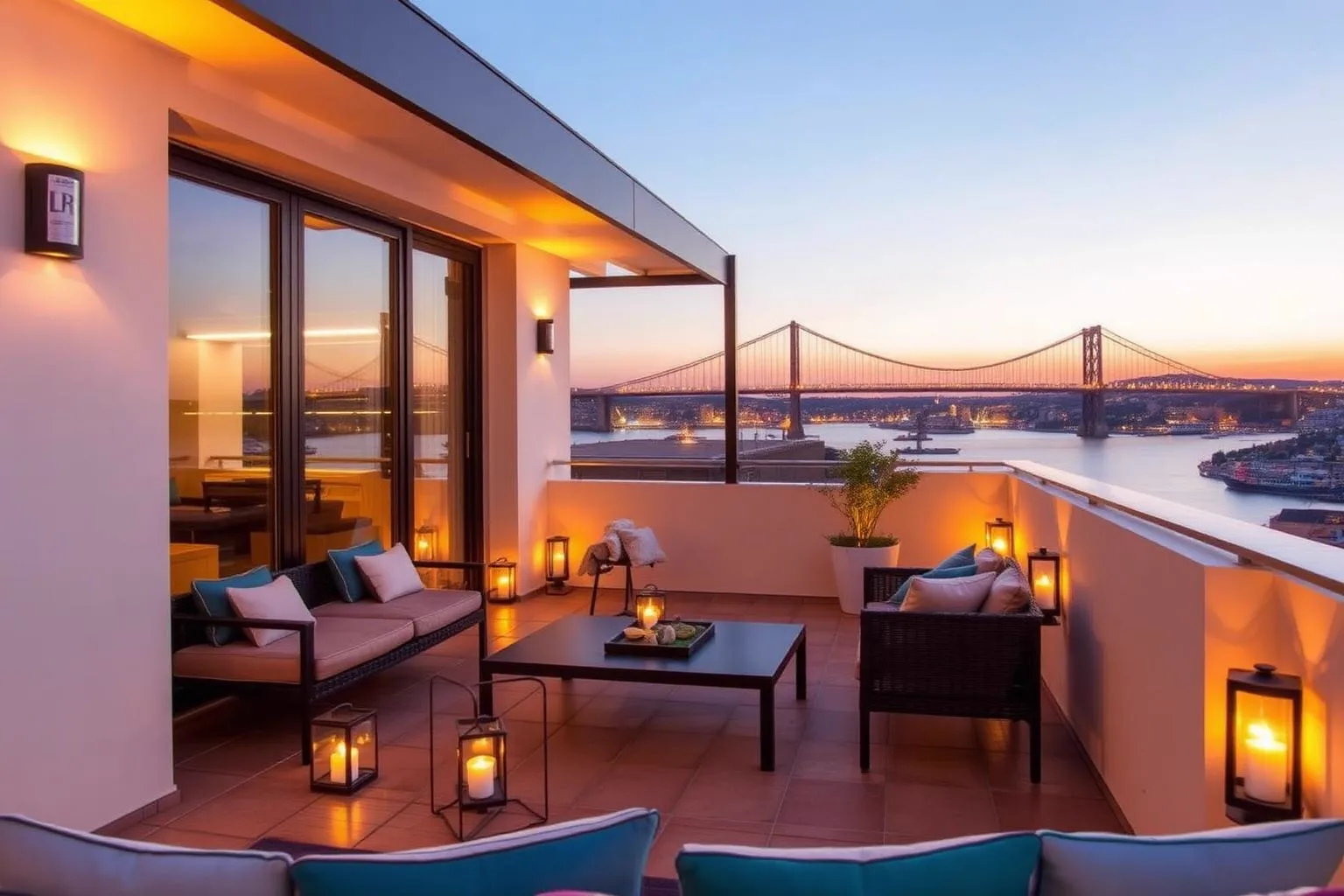 Rooftop terrace at dusk overlooking the Tagus river and the 25 de Abril bridge in Lisbon
