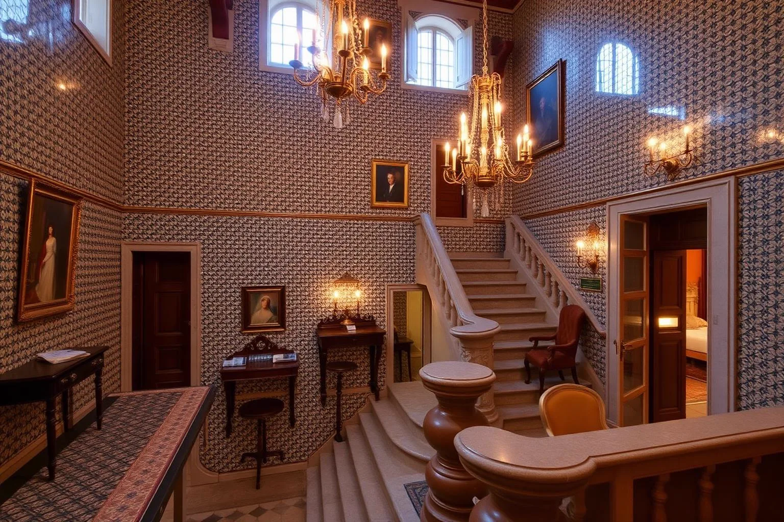 Restored eighteenth century Portuguese palace interior with azulejo tiles and a stone staircase