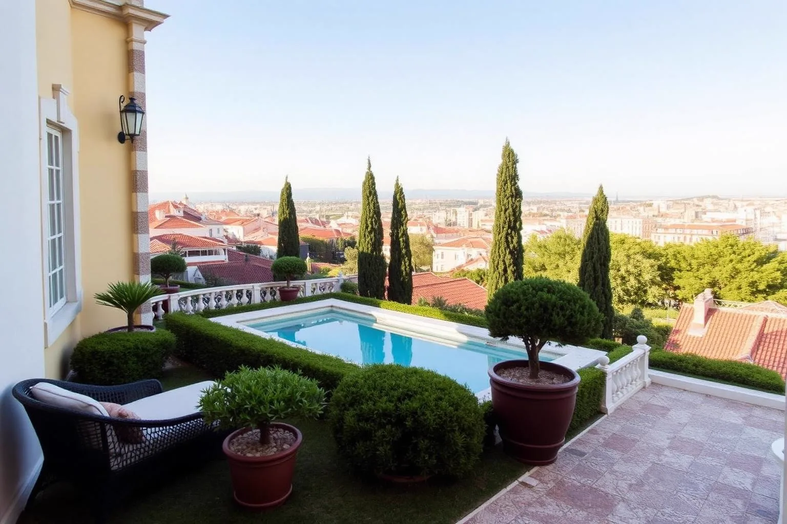 Hillside hotel garden with a pool and cypress trees looking over Lisbon rooftops