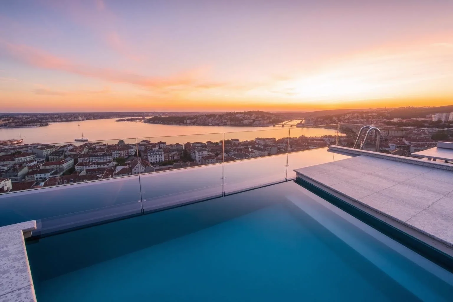 Rooftop plunge pool above the Lisbon old town at sunset with panoramic river views