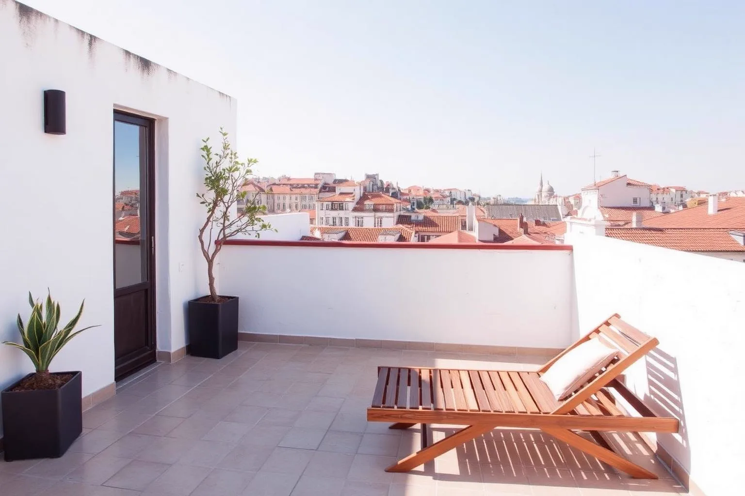 Whitewashed terrace with wooden loungers overlooking the terracotta rooftops of Alfama