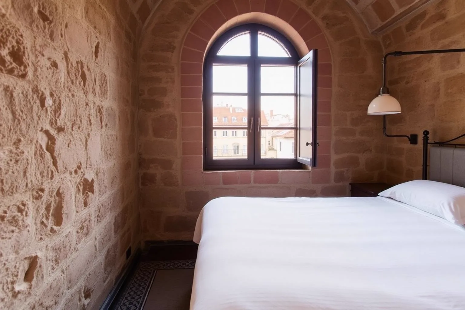 Boutique hotel bedroom in a medieval Lisbon townhouse with exposed stone walls and an arched window