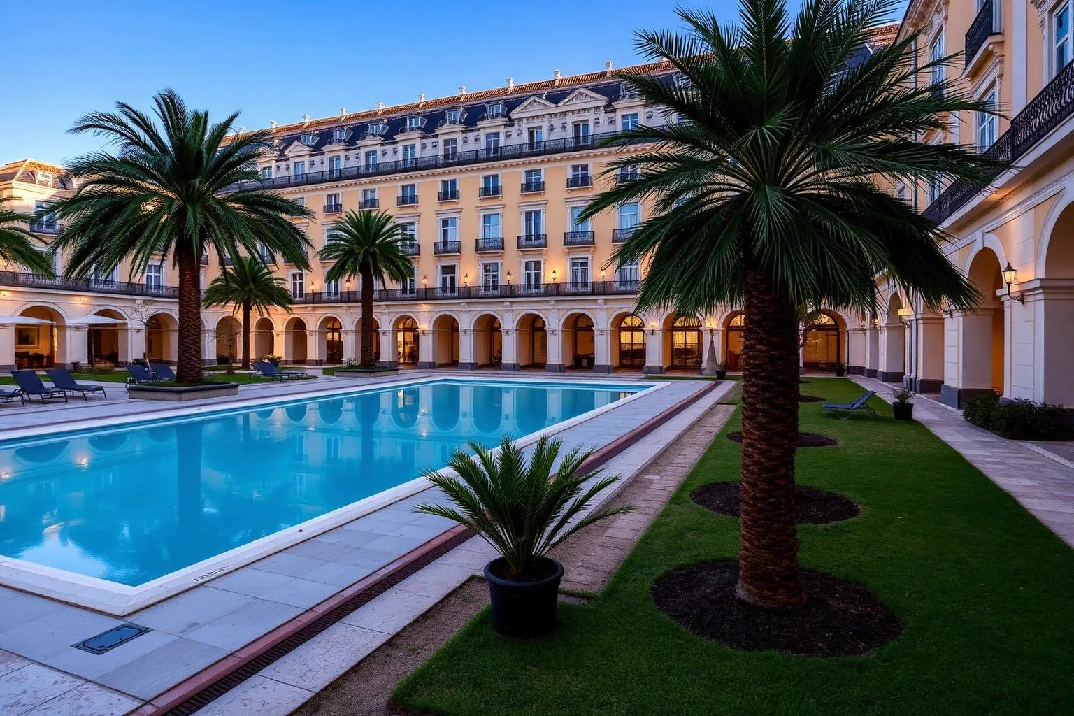 Palace hotel courtyard with a heated outdoor pool and palm trees in central Lisbon