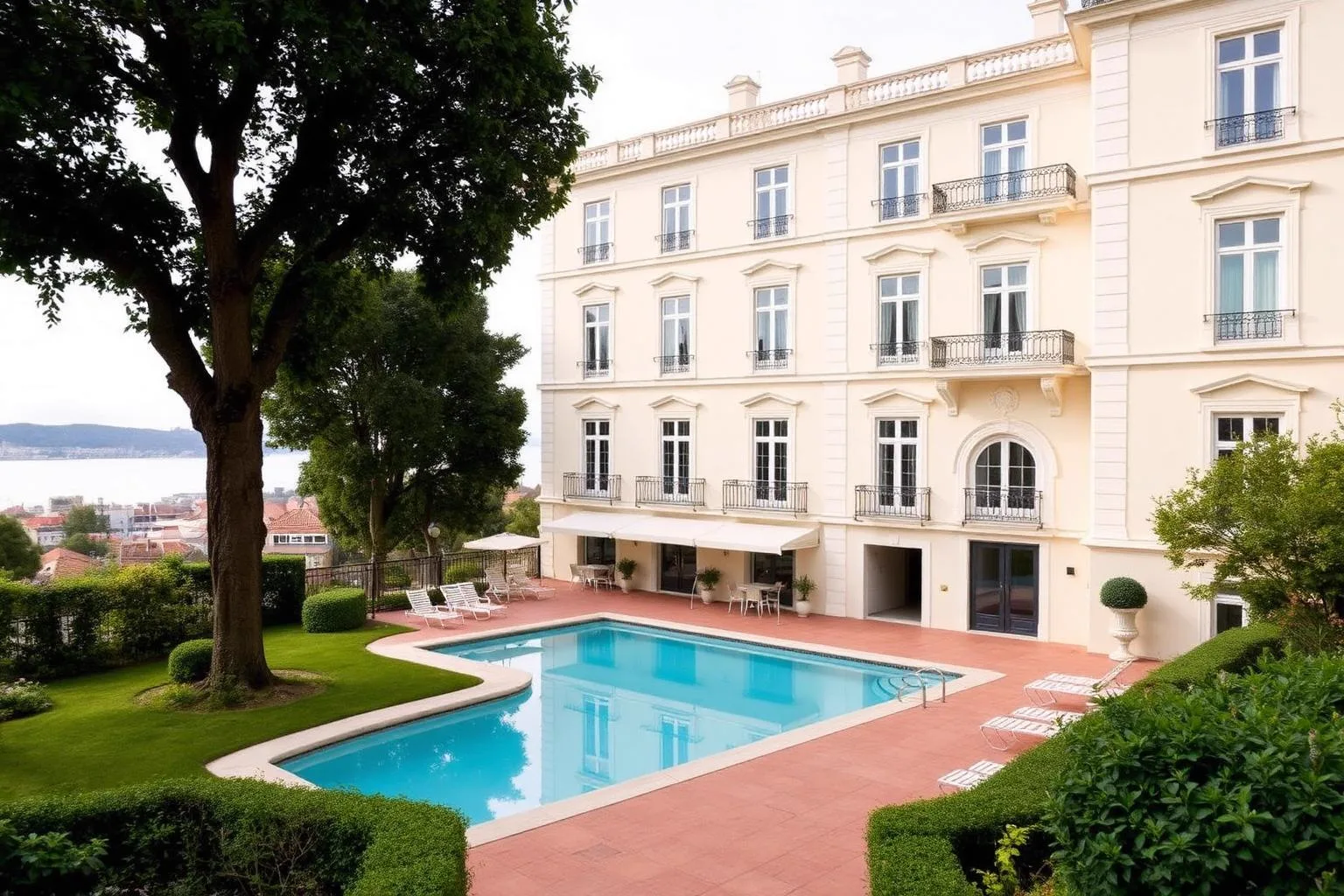 Nineteenth century palace hotel with terraced gardens and a pool above the Tagus river in Lapa