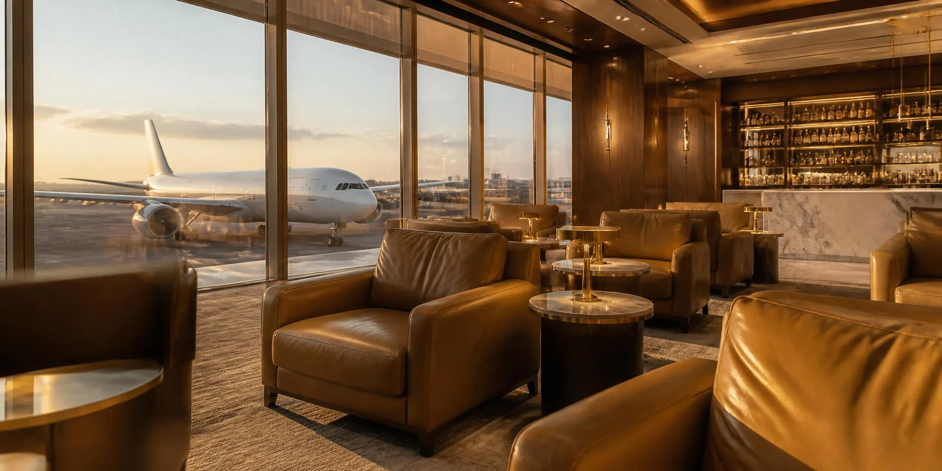Modern airport lounge interior at golden hour with runway view