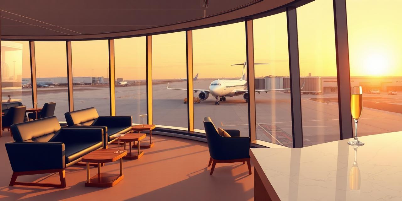 Modern airport lounge interior at golden hour with runway view