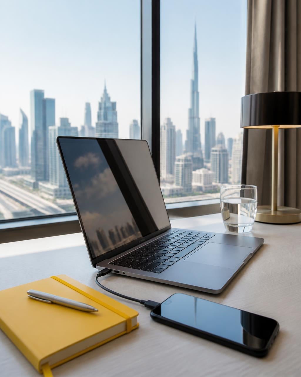 A laptop tethered to a phone on a hotel desk with a city skyline beyond the window