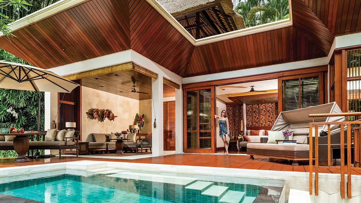 Thatched riverside villa terrace with plunge pool at Four Seasons Sayan in Ubud
