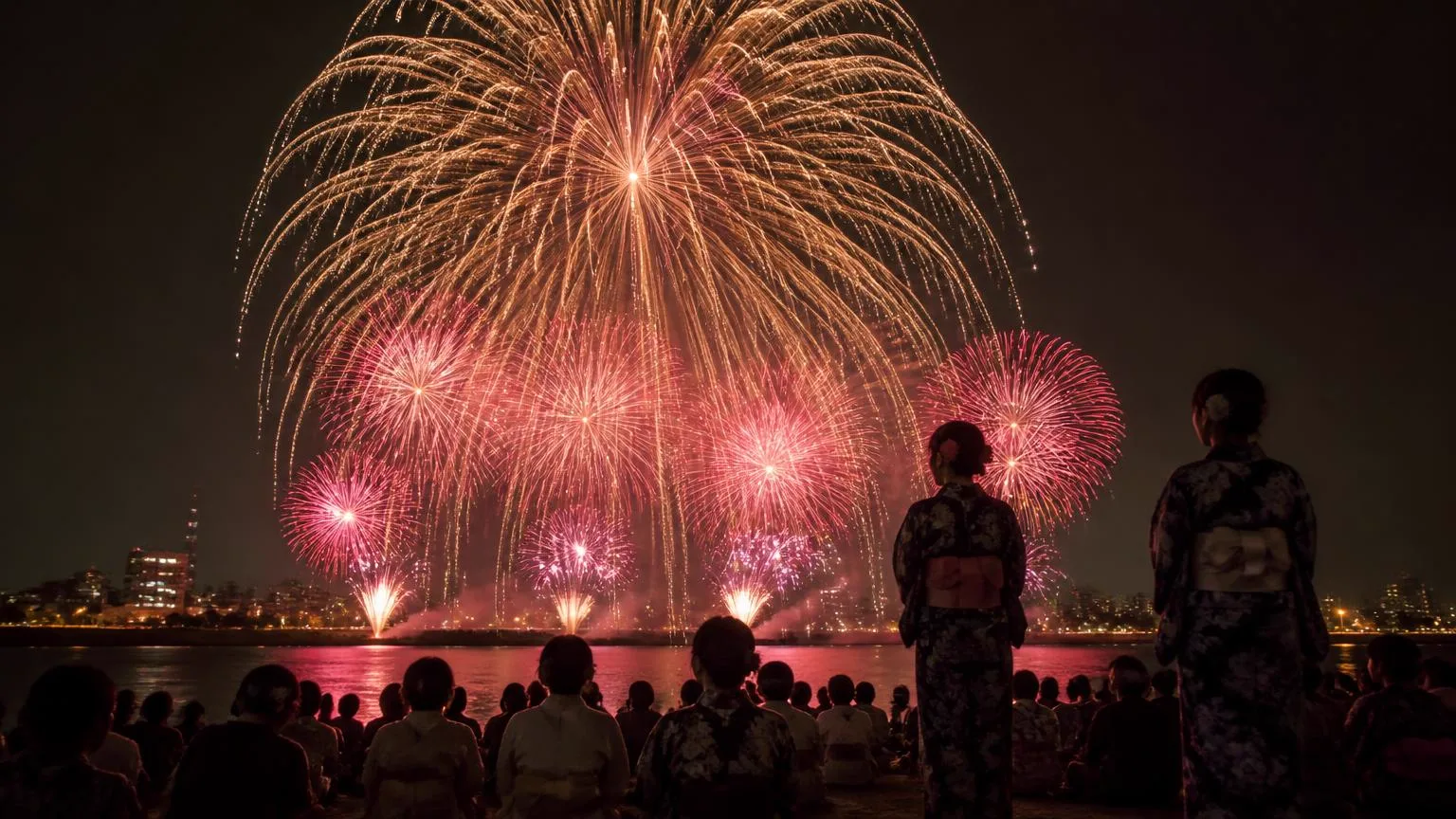 Large fireworks bursting over a dark river with a crowd in yukata watching from the bank