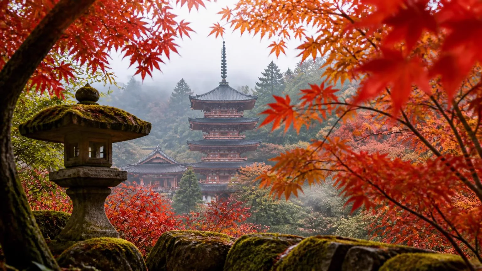 Red Japanese maple leaves framing a temple pagoda in Kyoto on a misty November morning