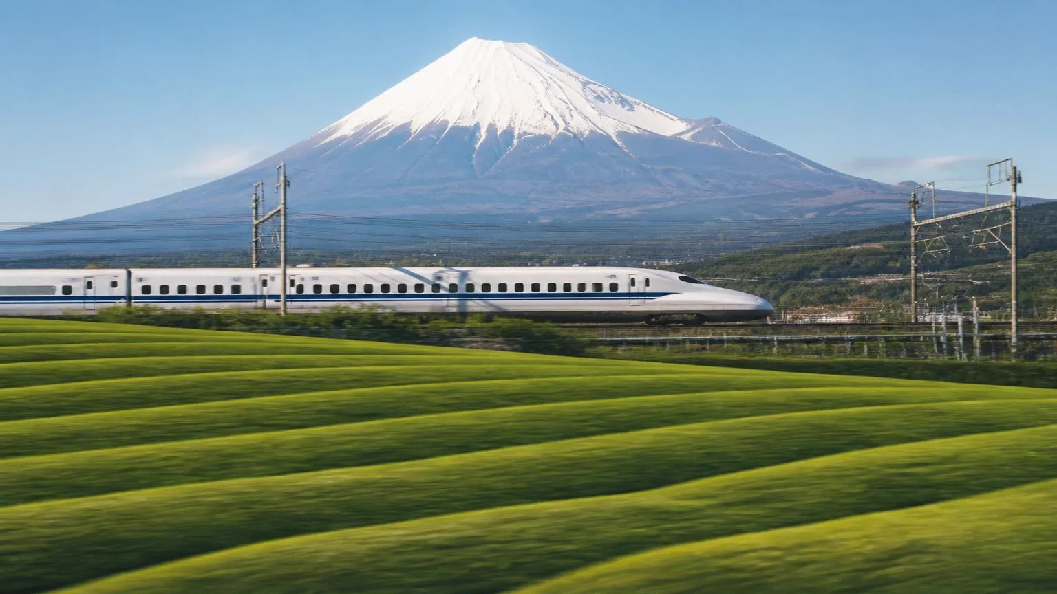 A white shinkansen speeding past green tea fields with snow capped Mount Fuji behind