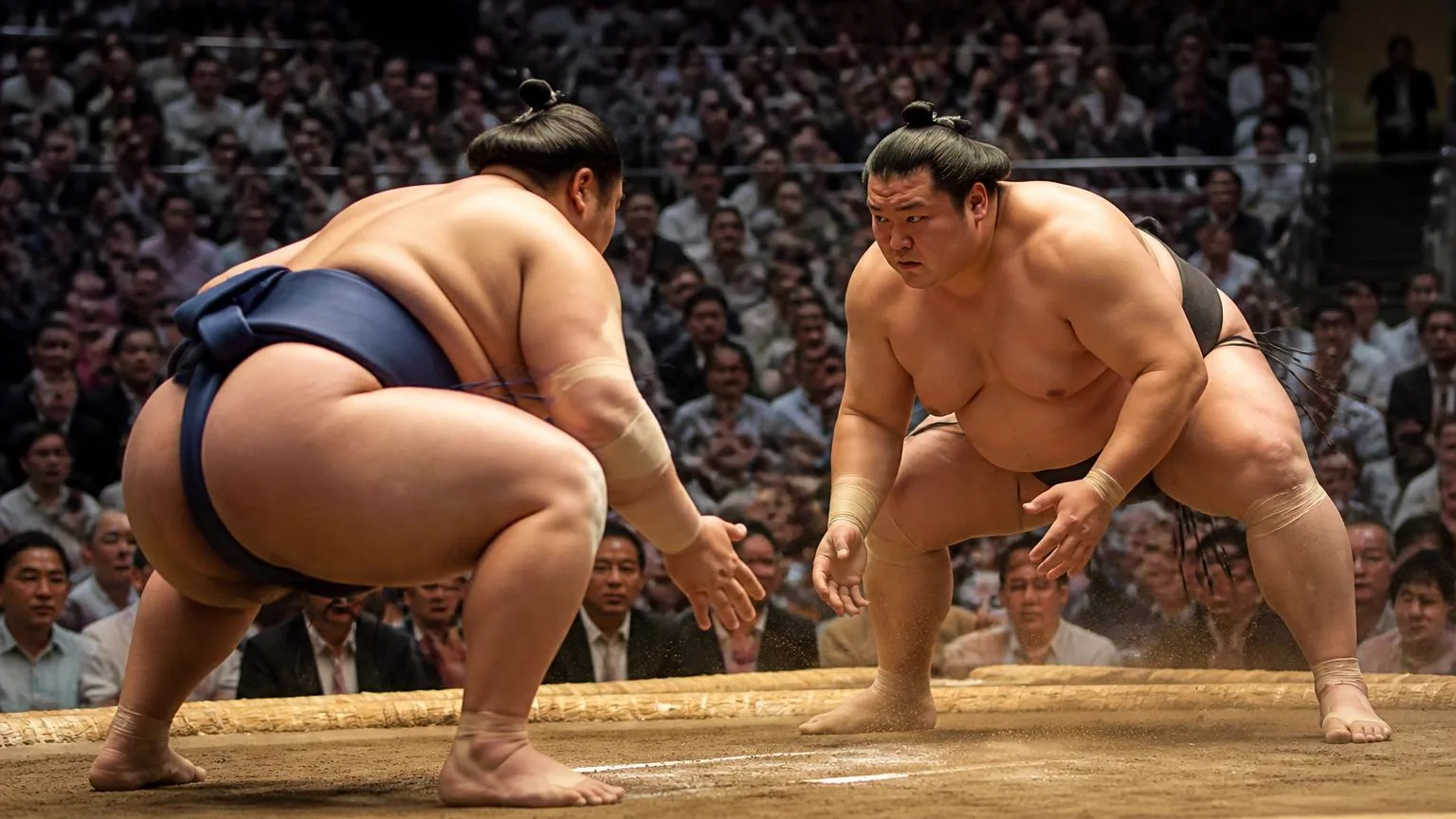 Two sumo wrestlers facing off in a clay ring inside a packed Japanese arena