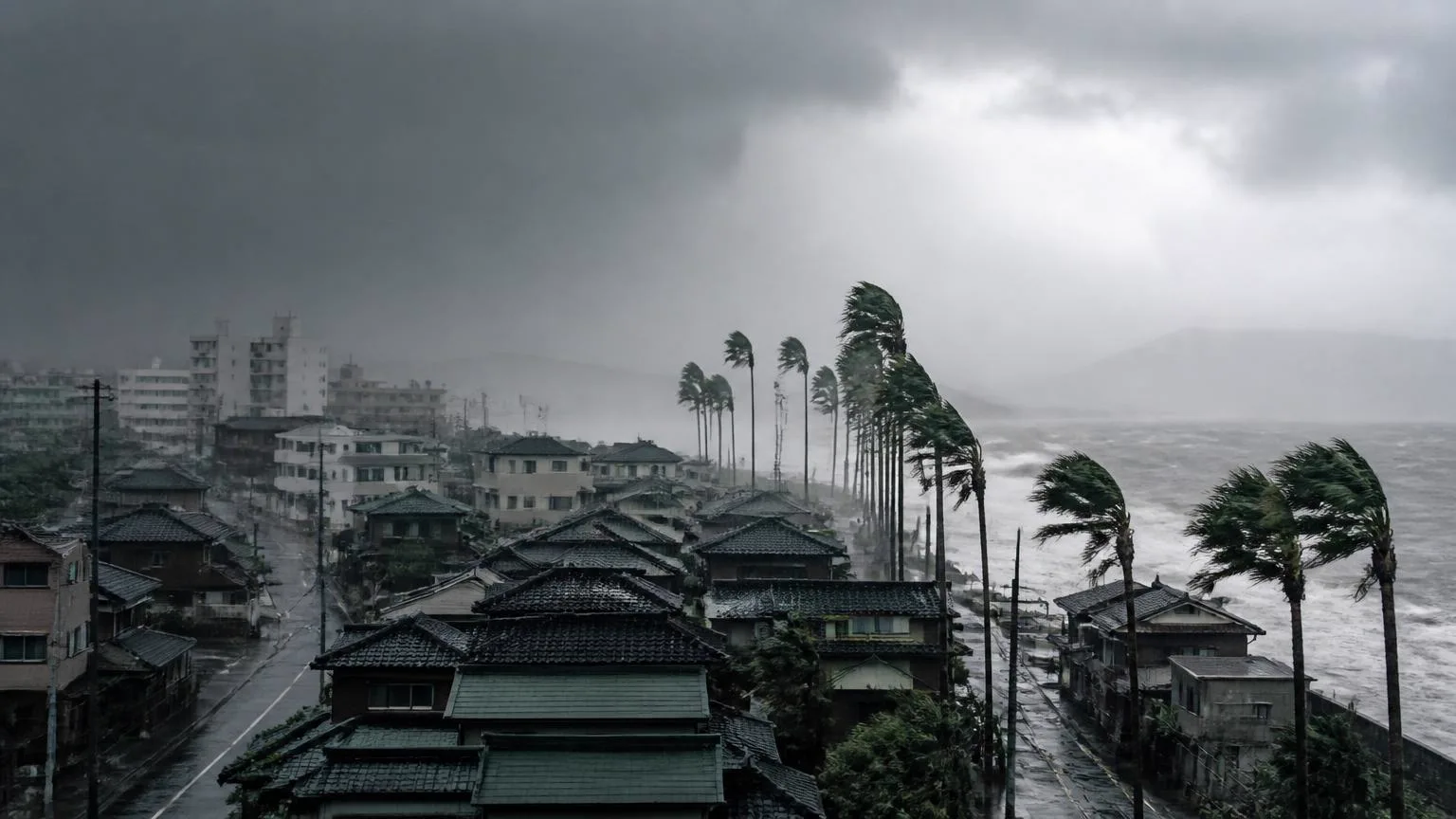 Heavy rain and storm cloud over a Japanese coastal town with wind bent palms