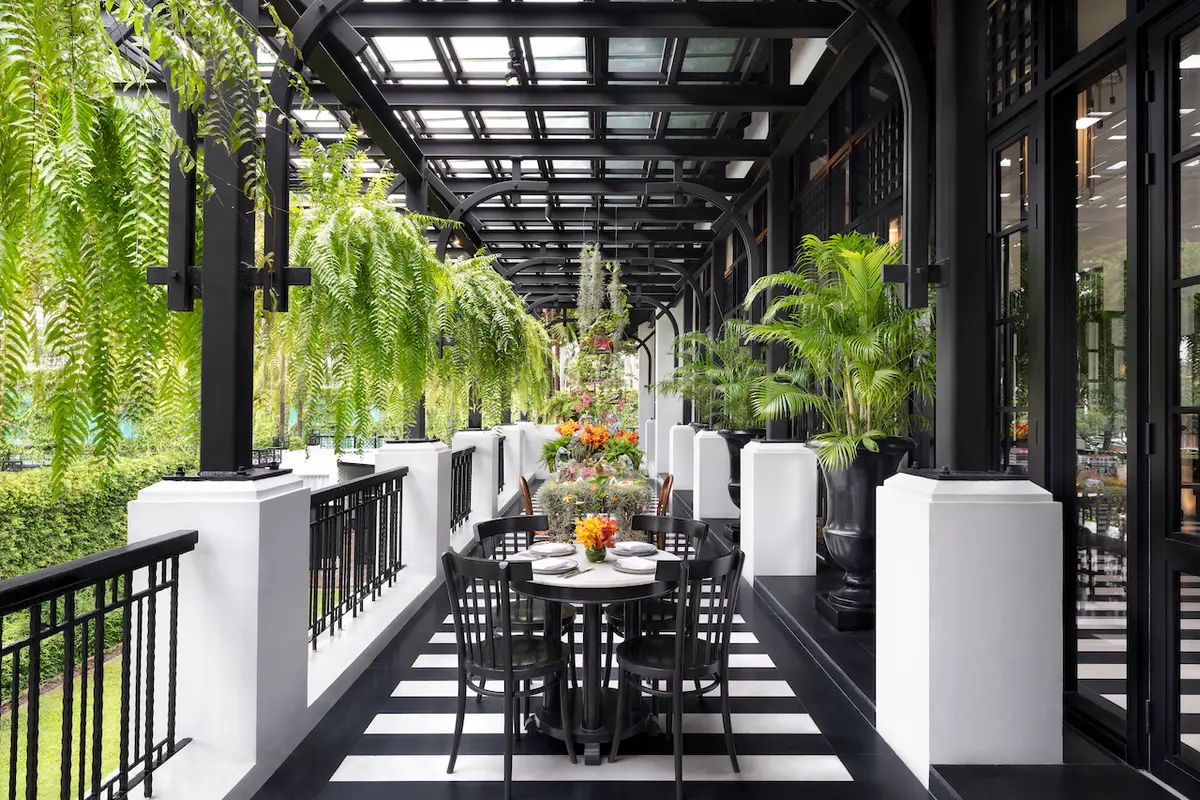 A long conservatory dining gallery with a glass roof, white columns and hanging ferns