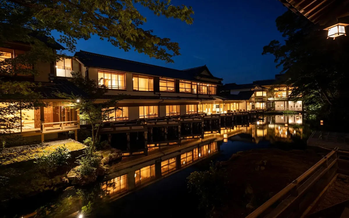 ASABA, noh stage over the pond lit at night, Shuzenji