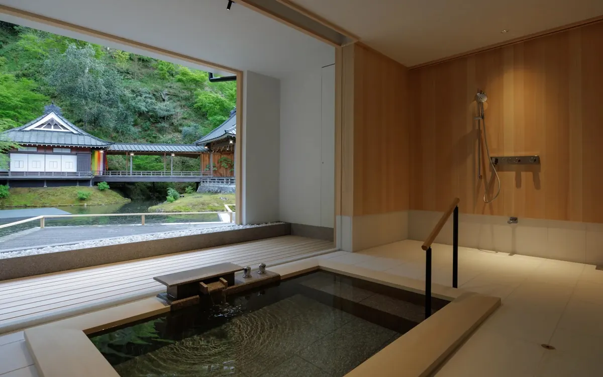 ASABA, private open air bath overlooking the pond and Noh stage, Shuzenji