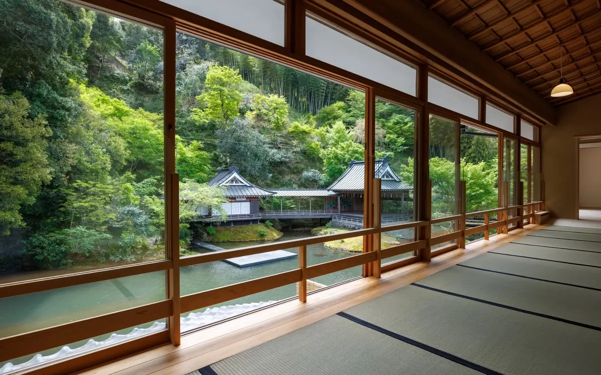 ASABA, tatami guest room opening onto the pond garden, Shuzenji