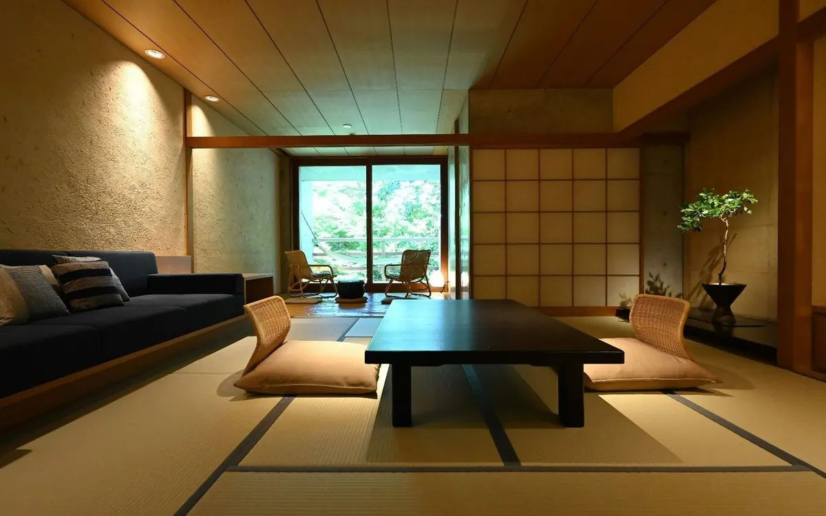 Beniya Mukayu, tatami guest room with low table and garden view, Yamashiro Onsen