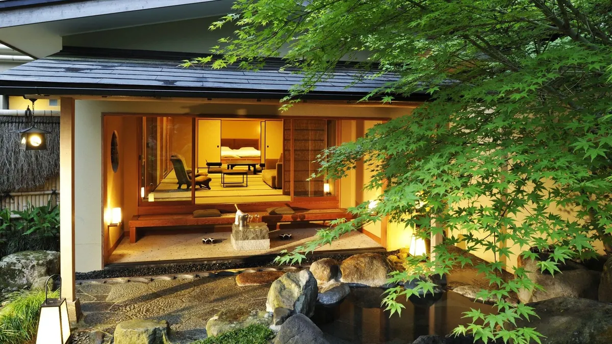 Gora Kadan, garden pavilion and maples in the Hakone hills, Hakone
