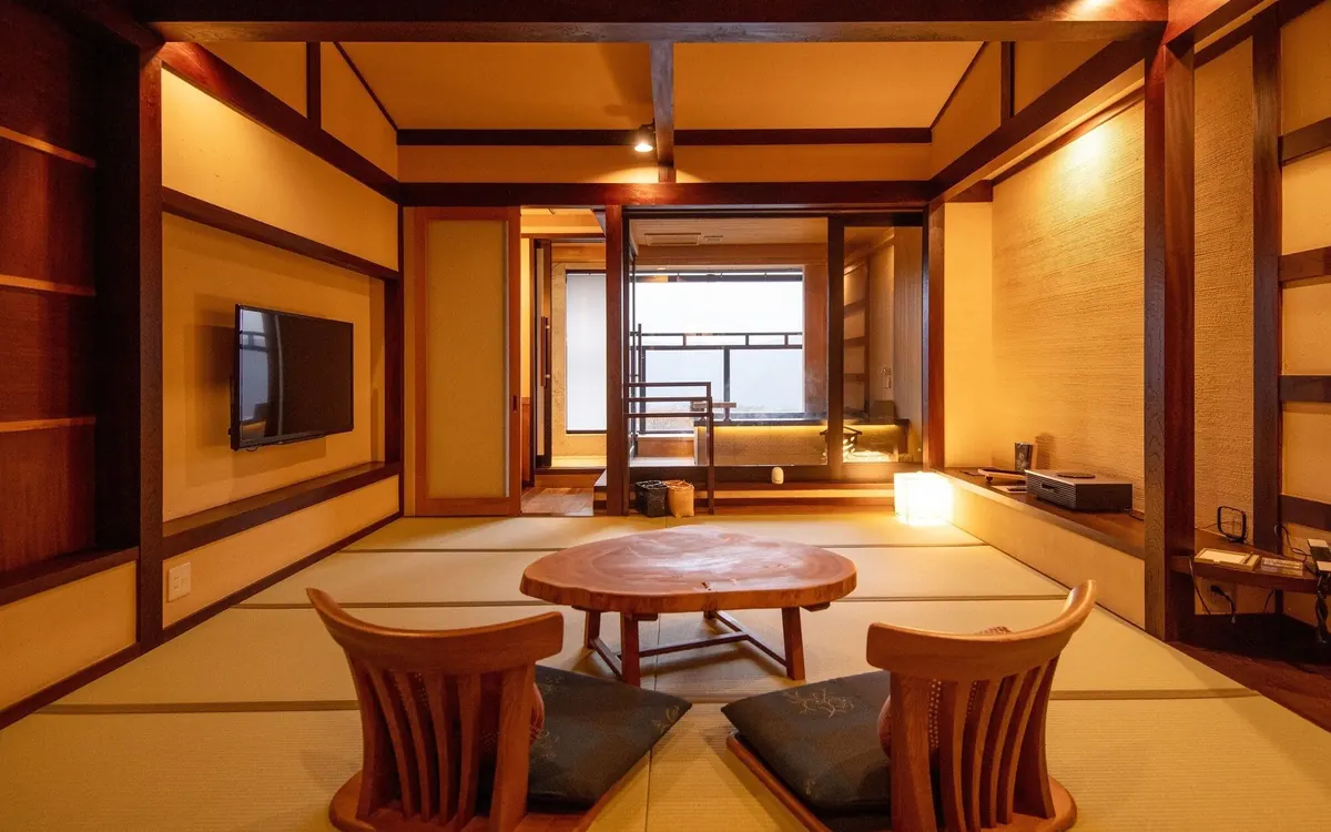 Gora Hanaougi, tatami guest room with low table and mountain view, Hakone