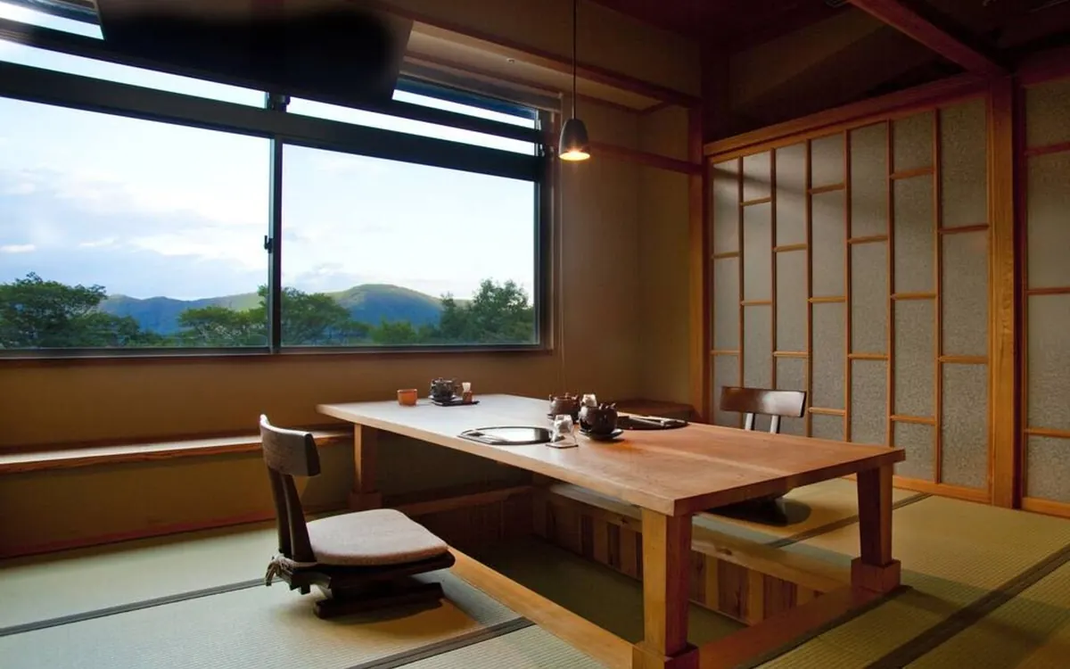 Gora Hanaougi, tatami dining room with mountain view window, Hakone