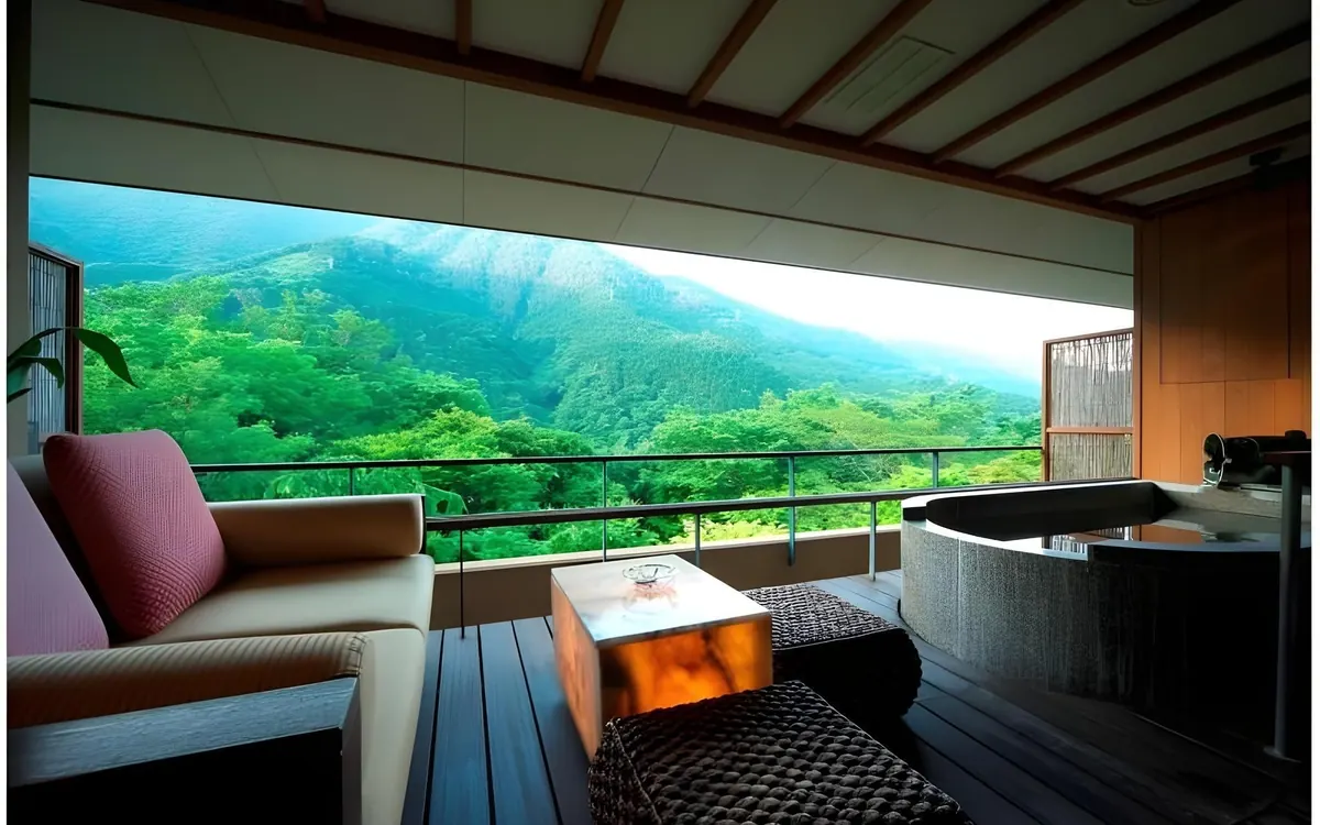 Hakone Ginyu, guest room terrace with round wooden bath, Hakone
