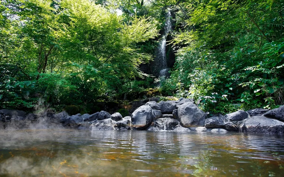Hakone Kowakien Ten-yu, open air bath beside the waterfall rock garden, Hakone