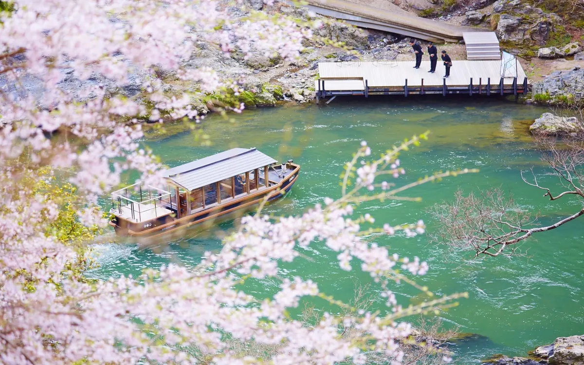 HOSHINOYA Kyoto, traditional boat on the Oi river with cherry blossom (the arrival approach), Kyoto