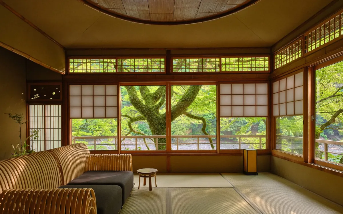 HOSHINOYA Kyoto, tsukihashi guest room with tatami and river view window, Kyoto