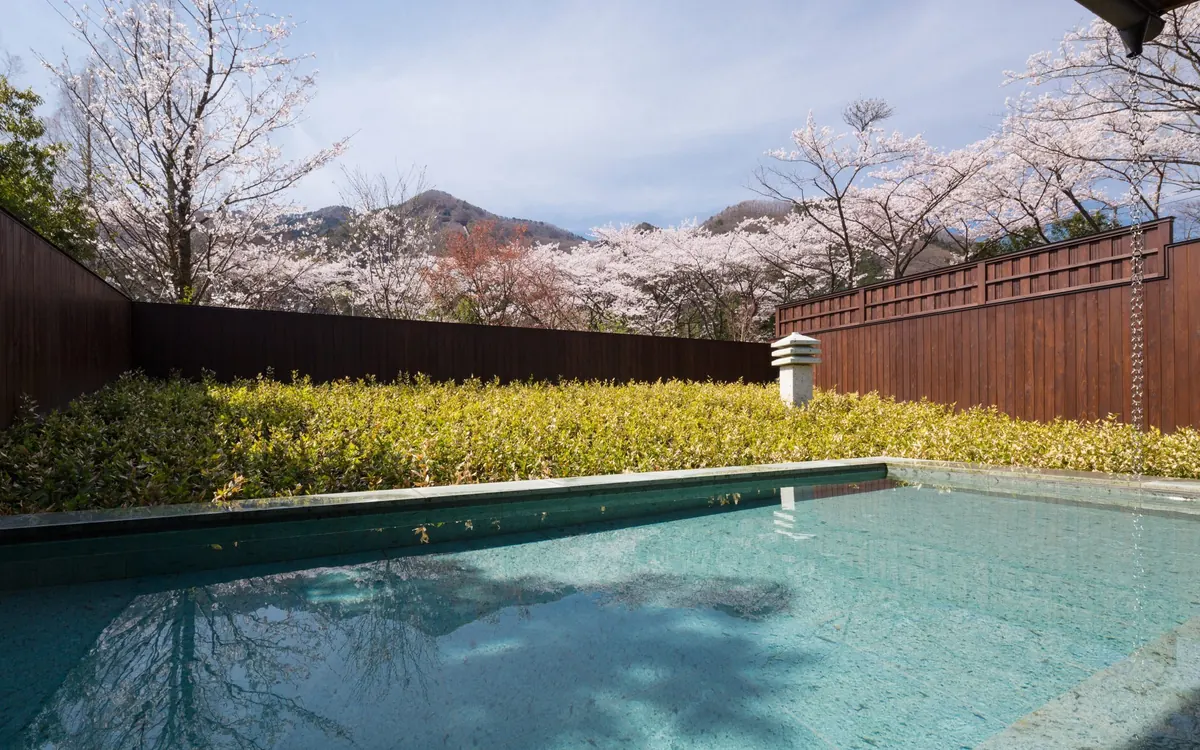 KAI Kinugawa, public open air onsen bath with cherry blossom and mountains, Nikko