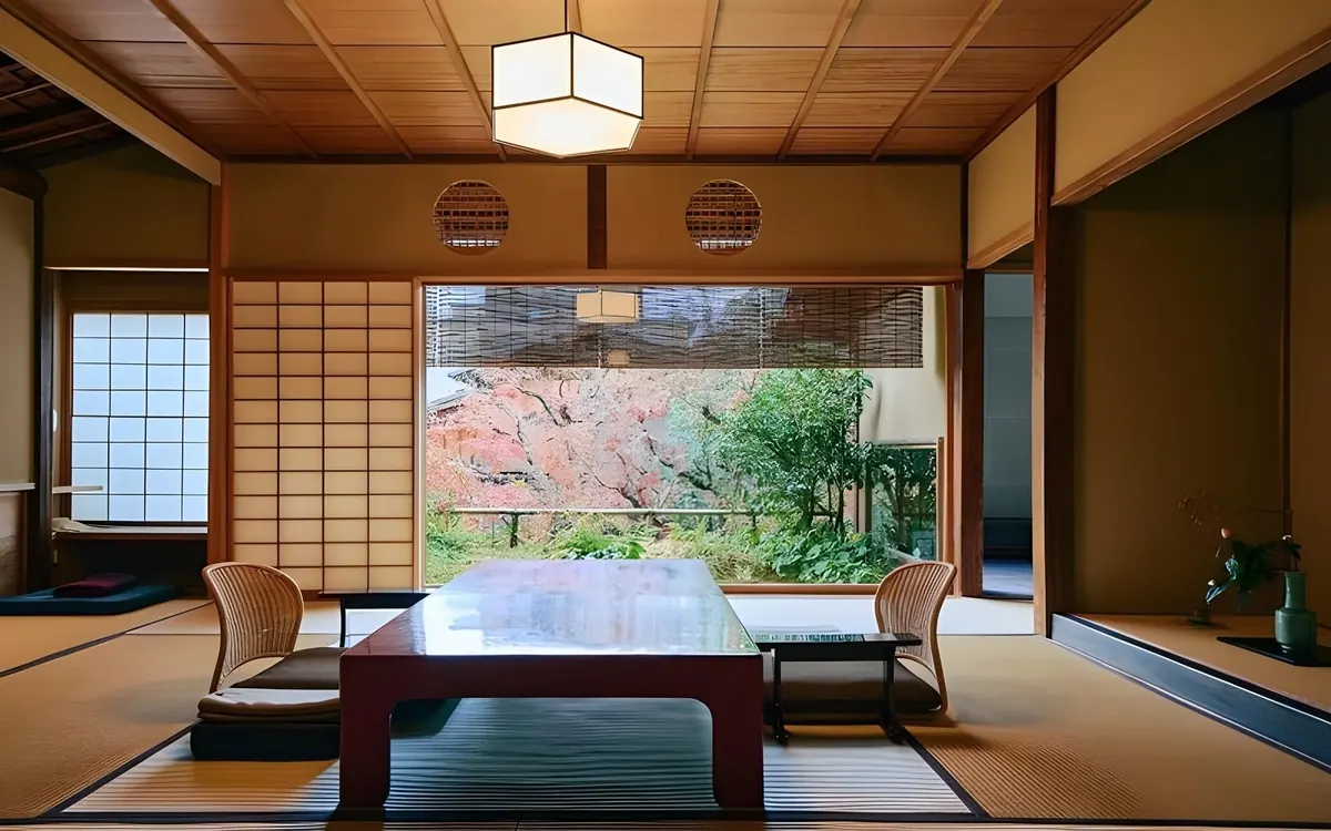 Tawaraya, tatami guest room looking onto a maple garden, Kyoto