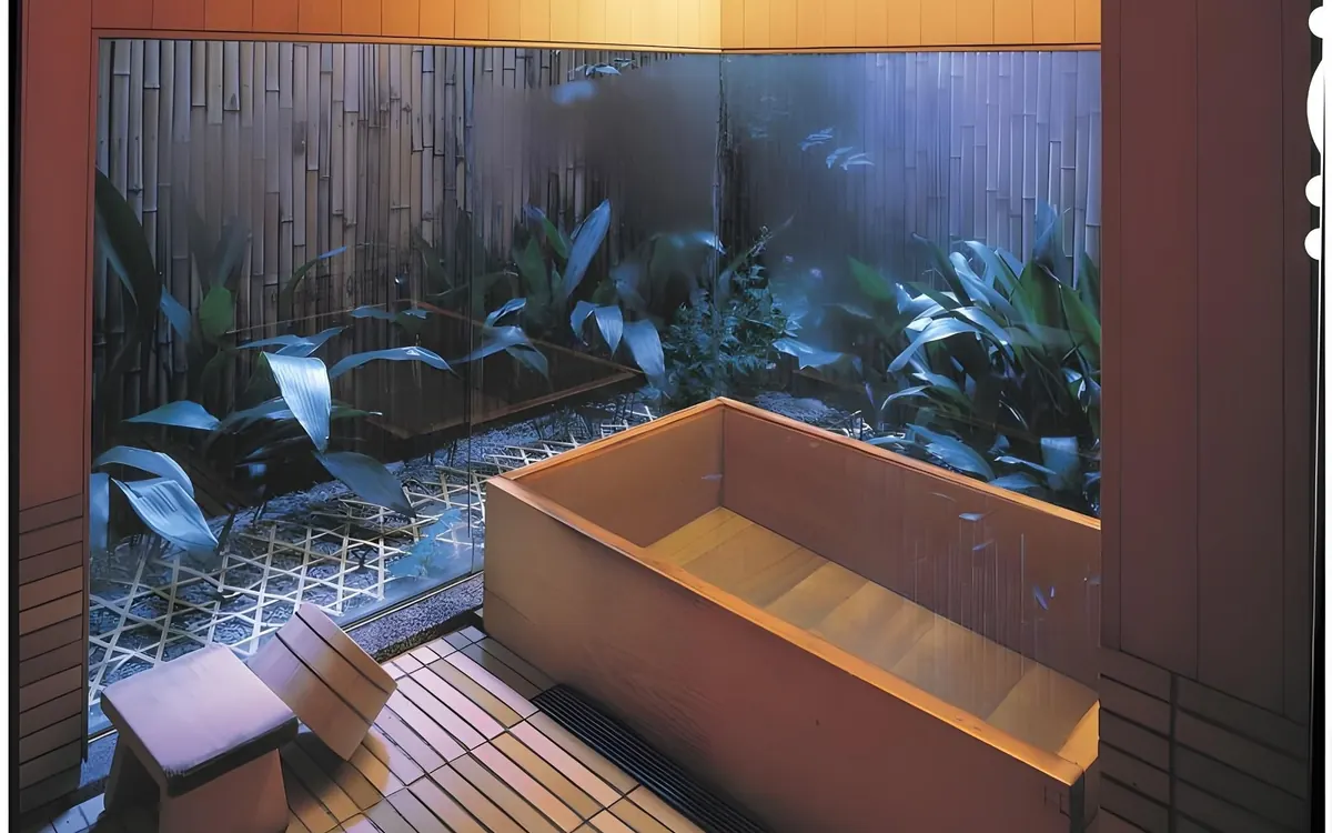 Tawaraya, private hinoki bath with garden window, Kyoto
