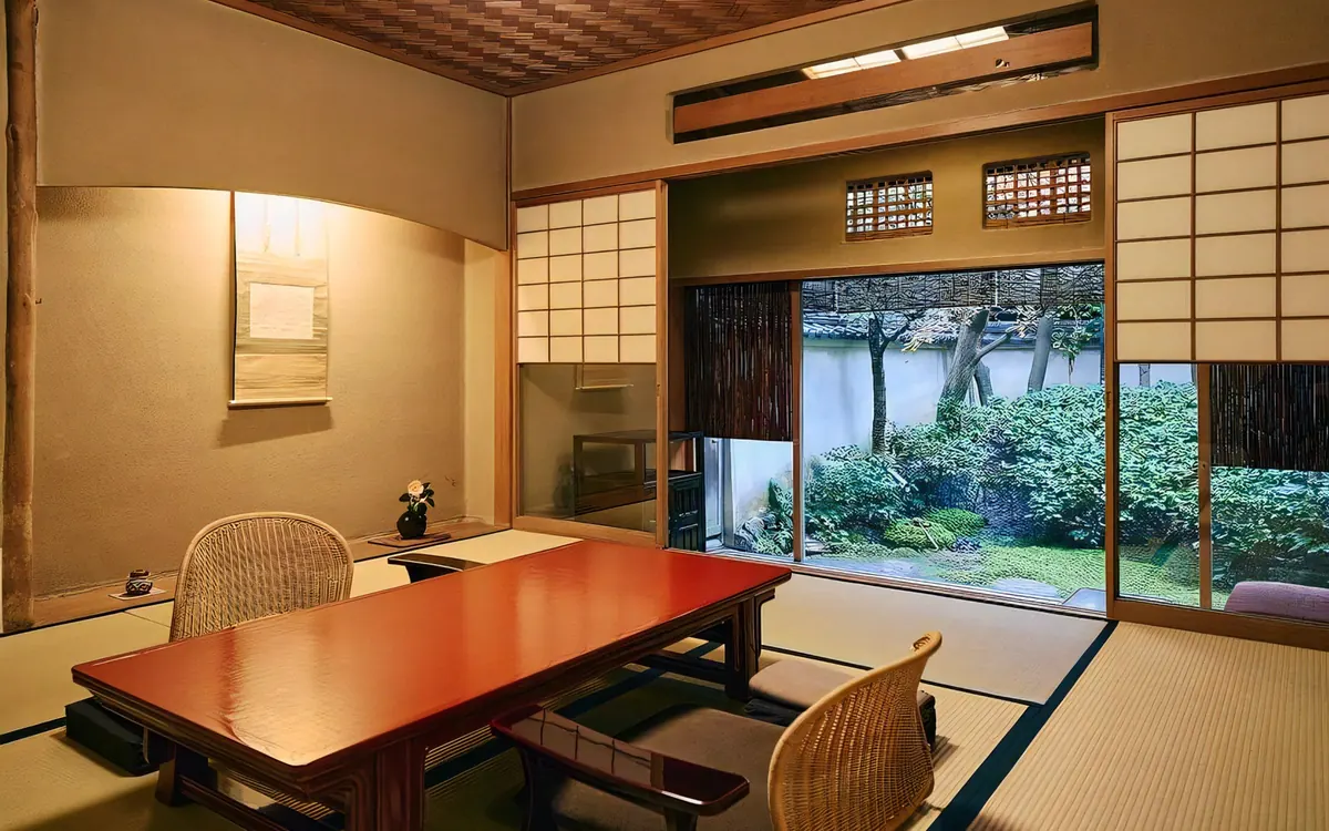 Tawaraya, tatami guest room with red lacquer table and garden, Kyoto