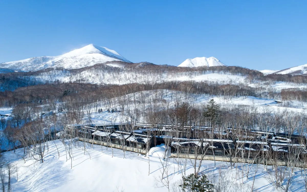 Zaborin, zaborin villas from above in winter with Mt Yotei behind, Niseko