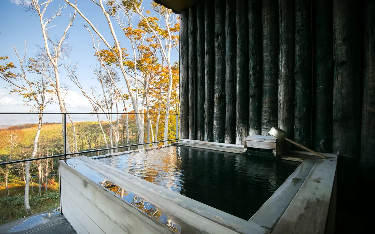 Zaborin, private open air onsen bath with autumn birch forest, Niseko