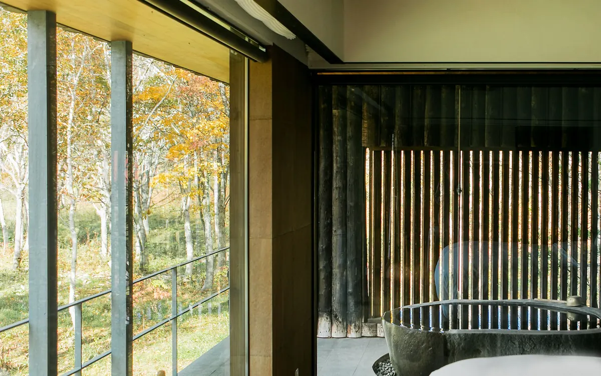 Zaborin, villa bedroom and lounge with forest view, Niseko