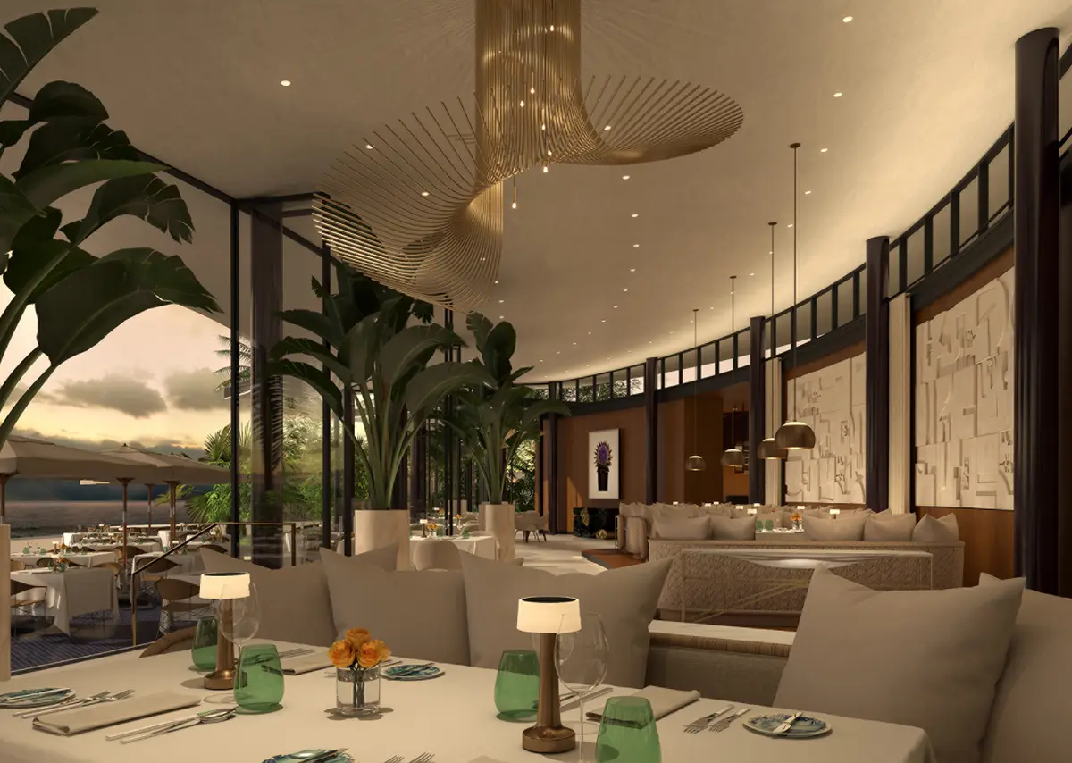 A curved restaurant room with a woven ceiling, green chairs and full height windows