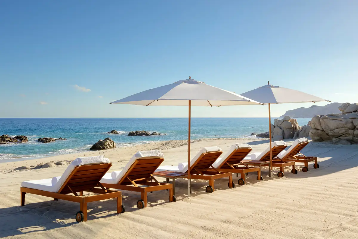 Wooden loungers and cream parasols on an empty beach with rocks at the water's edge