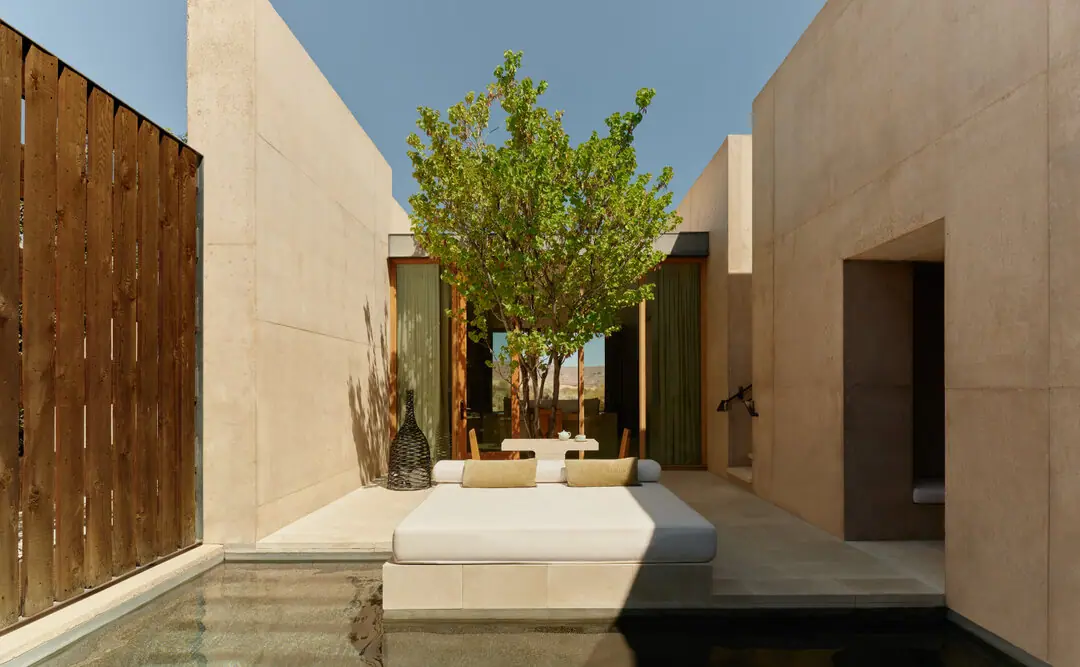 A concrete walled courtyard with a single tree and a shaded seating platform