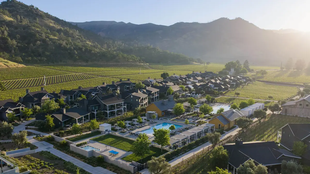 An aerial view of low buildings and a pool set among long rows of vines