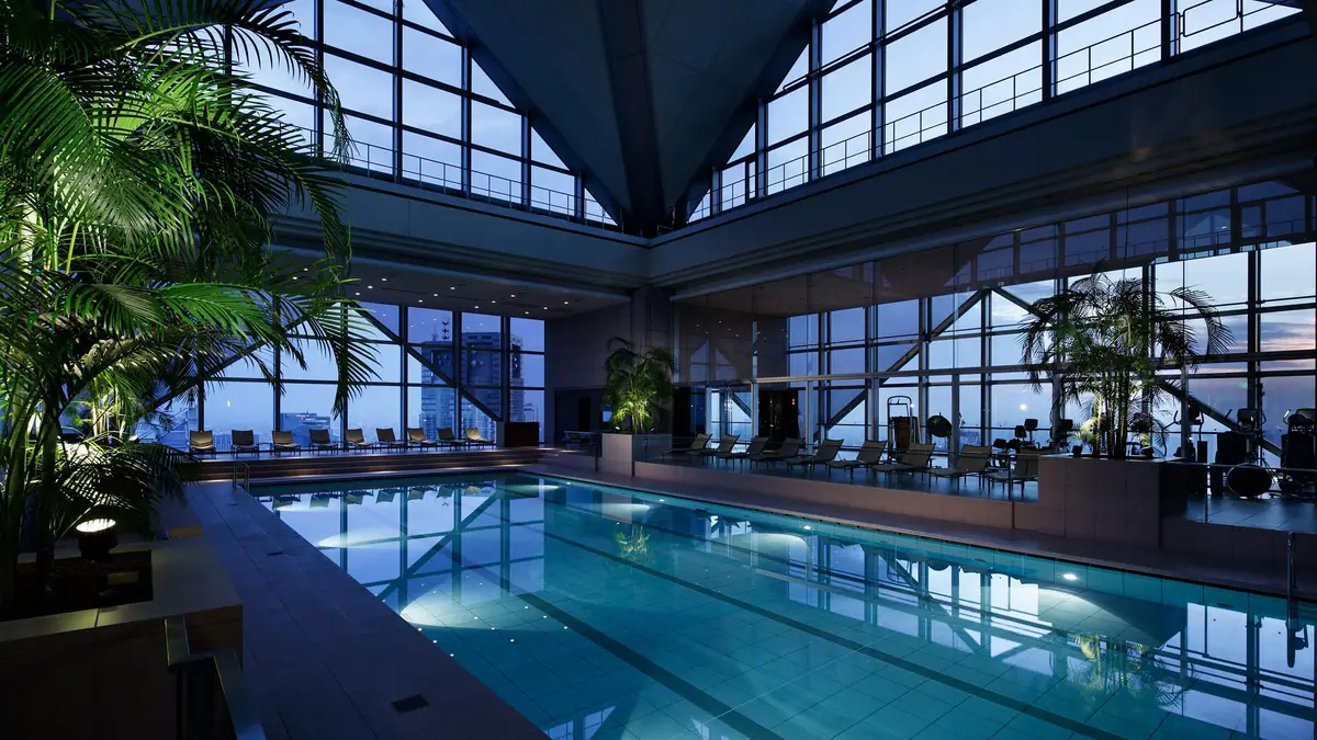 An indoor pool under a glass roof with palms along one side and a city beyond